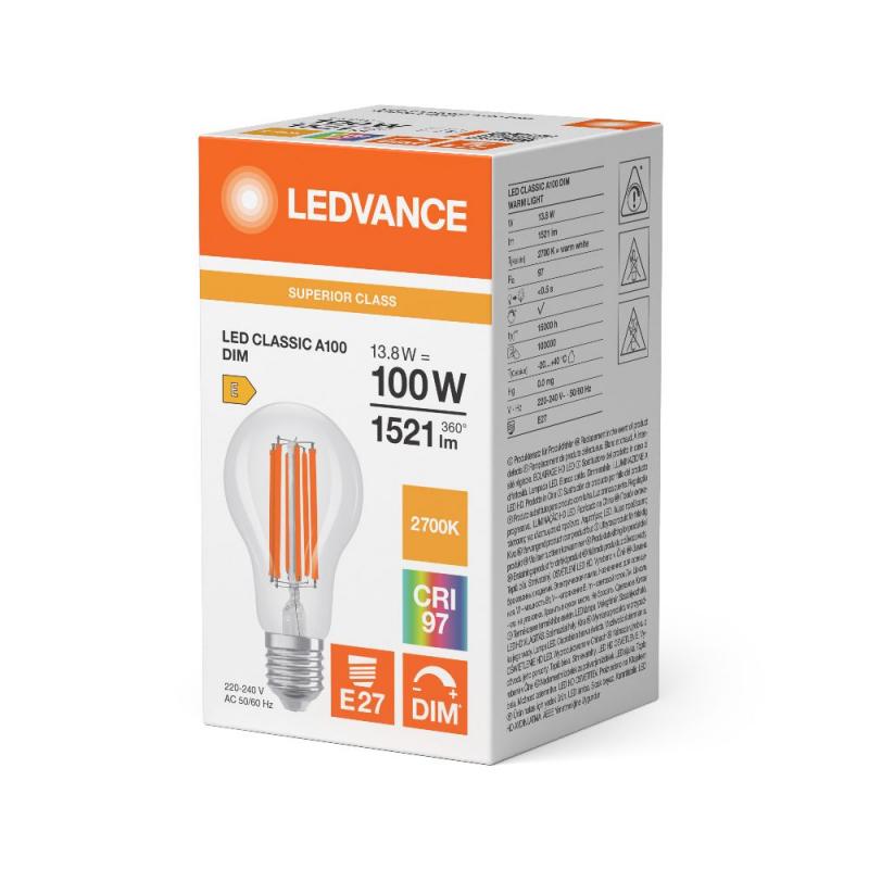 Ledvance E27 LED Lampe Classic dimmbar klar 13,8W wie 100W 2700K warmweißes Licht CRI97 sehr hohe Farbwiedergabe